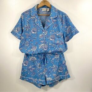Rachel Zoe 2-Piece Blue Floral Silky PJ Set Pajamas Top and Shorts Lounge Wear S